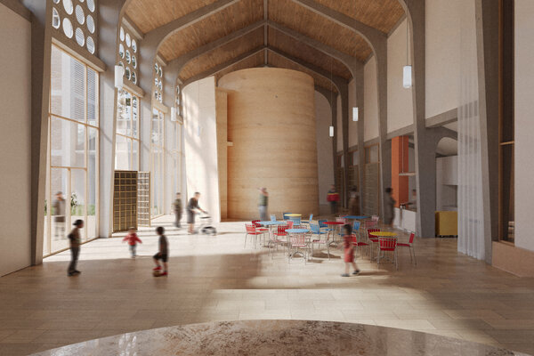 Rendering des Kircheninnenraumes mit Personen