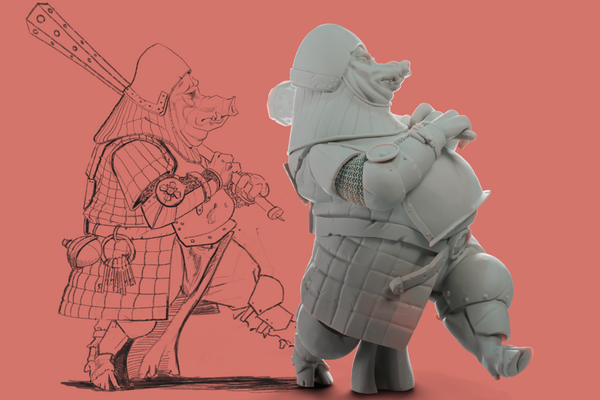 Links im Hintergrund die Zeichnung eines Charakters, rechts im Vordergund die gleiche Figur als 3D-Druck