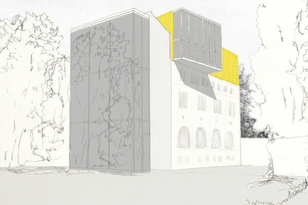 Axonometrische Darstellung des Gebäudes mit neuem Dach und Treppenhausanbau