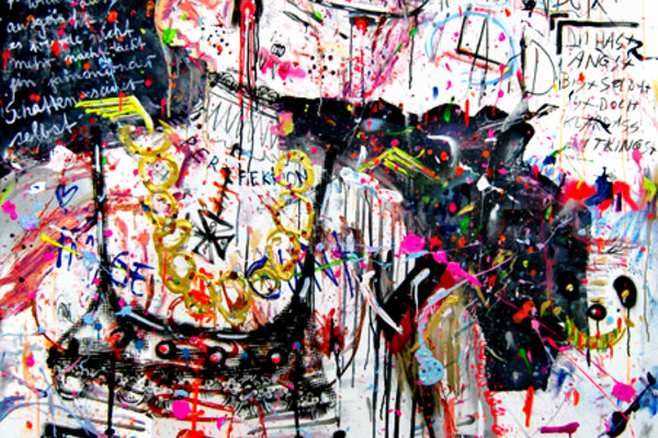 Marc Jung, RONNY RAEUMT DEN LADEN AUF, 2013, mixed media auf Leinwand, 200 x 150 cm
