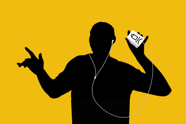 Grafik im Stil einer iPod-Werbung: Vor gelbem Hintergrund ist die schwarze Silhouette einer Person mit weißen Kabel-Kopfhörern zu sehen. Die Person hält in einer Hand ein Gerät mit einem Burg Logo darauf – eine visuelle Anspielung auf Audio und Kreativität. Die andere Hand ist lässig erhoben, als würde sie zur Musik tanzen.