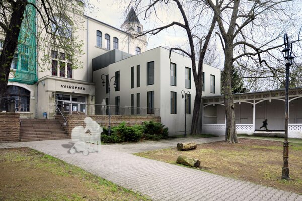 Perspektivische Darstellung für die geplante, im Rohbau befindliche Kindertagesstätte im Volkspark. Foto/Grafik: Guido Großmann