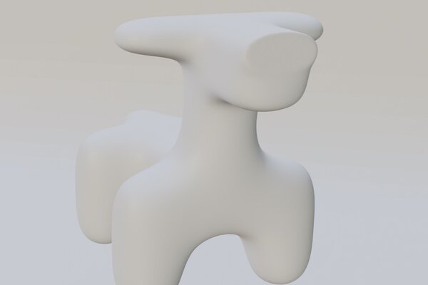 Ein Ergebnis der Weiterbildung. In Blender erstelltes Objekt. Ein abstraktes, glattes Wesen, das an eine Art Kuh erinnert. 