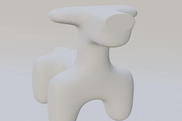 Ein Ergebnis der Weiterbildung. In Blender erstelltes Objekt. Ein abstraktes, glattes Wesen, das an eine Art Kuh erinnert. 