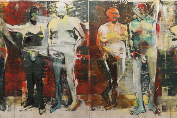 Undine Bandelin, „Ausgang“, Siebdruck/Mischtechnik auf Leinwand, 180 x 460 cm (zweiteilig), 2010, Foto: Phillip Hiersemann