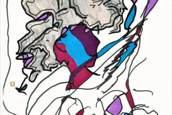Abstrakte Zeichnung mit schwarzen, geschwungenen Linien und unregelmäßigen Flächen in Grau, Blau, Lila und Rot auf weißem Hintergrund. Die Linien überkreuzen sich und bilden ein komplexes Muster ohne klare Formen.