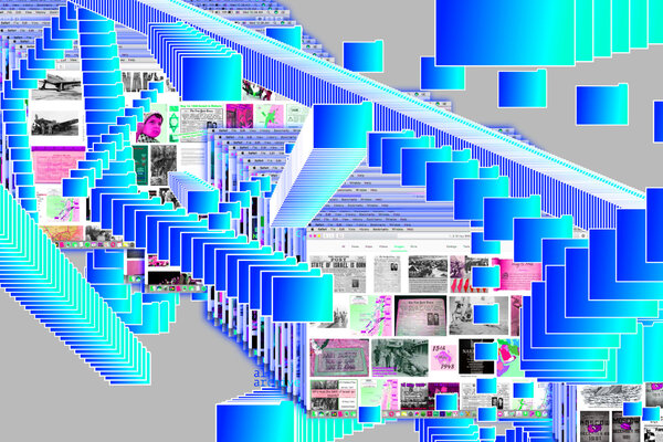 Collage aus kreuz und quer räumlich angeordneten Stapeln von Piktogrammen für Dokumente und Screenshots  mit Fotografien, Zeitungsausschnitten etc.