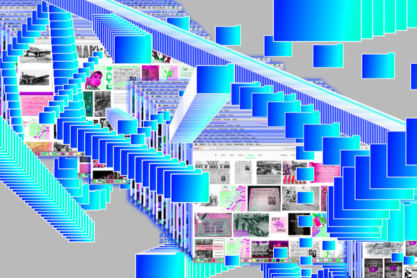 Collage aus kreuz und quer räumlich angeordneten Stapeln von Piktogrammen für Dokumente und Screenshots  mit Fotografien, Zeitungsausschnitten etc.