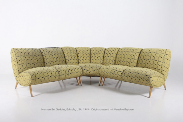 Norman Bel Geddes, Ecksofa, USA, 1949 - gelber Bezug, verschmutzt, Originalzustand mit Verschleißspuren