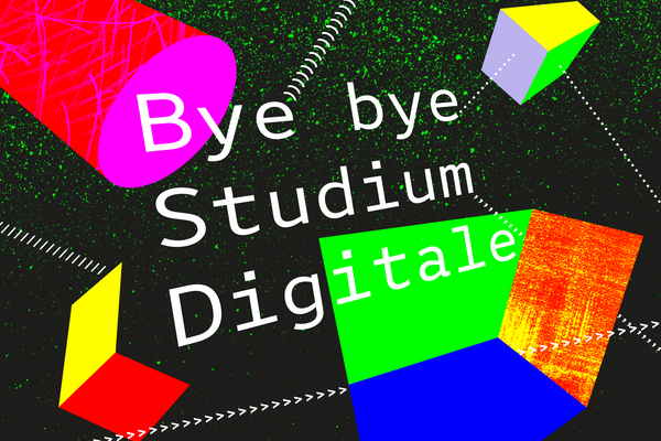 Bunte Grafikelemente auf schwarzem Hintergrund, Text "Bye bye Studium Digitale"