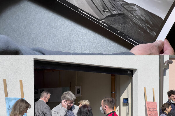 Montage von 2 Bildern: Hände zeigen einem Schwarz Weiss Landschaftsbild und Menschen stehen vor einem Eingang
