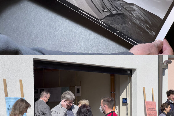 Montage von 2 Bildern: Hände zeigen einem Schwarz Weiss Landschaftsbild und Menschen stehen vor einem Eingang