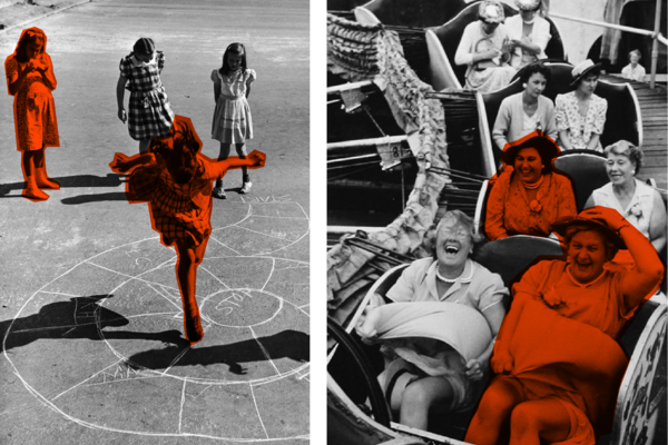 Schwarz-weiße Fotomontage, links und rechts farblich akzentuiert in Orange: Links springt ein Mädchen beim Hüpfekästchen-Spiel auf einer Straße, im Hintergrund zwei weitere Mädchen. Rechts lachen mehrere ältere Frauen in einem Fahrgeschäft auf einem Jahrmarkt.