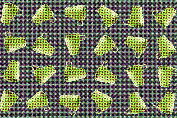 Auf einem augferastertern grauen Grund sehen wir eine Anordnung gelb-grüner Tassen, die jeweils in einem anderen Winkel gedreht wurden.