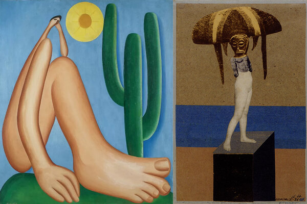 Tarsila do Amaral, Abaporu, 1928. Sammlung MALBA, Buenos Aires.      Hannah Höch, Denkmal der Eitelkeit II, aus der Serie 'Aus einem ethnographischen Museum‘, 1926.  Abbildungsnachweis: Wangechi Mutu – My Dirty Little Heaven. Deutsche Guggenheim, Berlin, 2010, Hatje Cantz Verlag, Ostfildern S. 29.