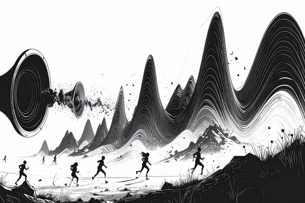 Eine Schallquelle, aus der dynamische Schallwellen strahlen. Diese Wellen verwandeln sich in eine 2D-Landschaft mit klaren, schwarzen Linien auf weißem Hintergrund. In der Landschaft rennen Charaktere.