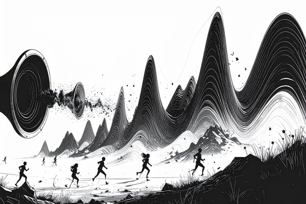 Eine Schallquelle, aus der dynamische Schallwellen strahlen. Diese Wellen verwandeln sich in eine 2D-Landschaft mit klaren, schwarzen Linien auf weißem Hintergrund. In der Landschaft rennen Charaktere.